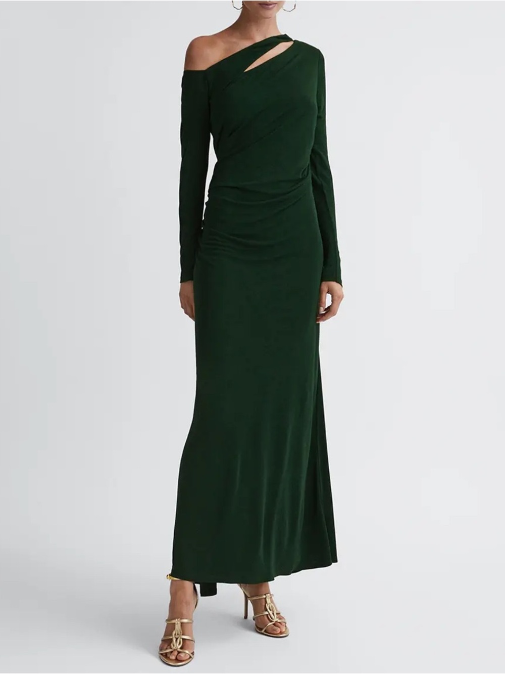 Reiss Delphine Off The Shoulder Cut Out Maxi Dress in Green Size 6
